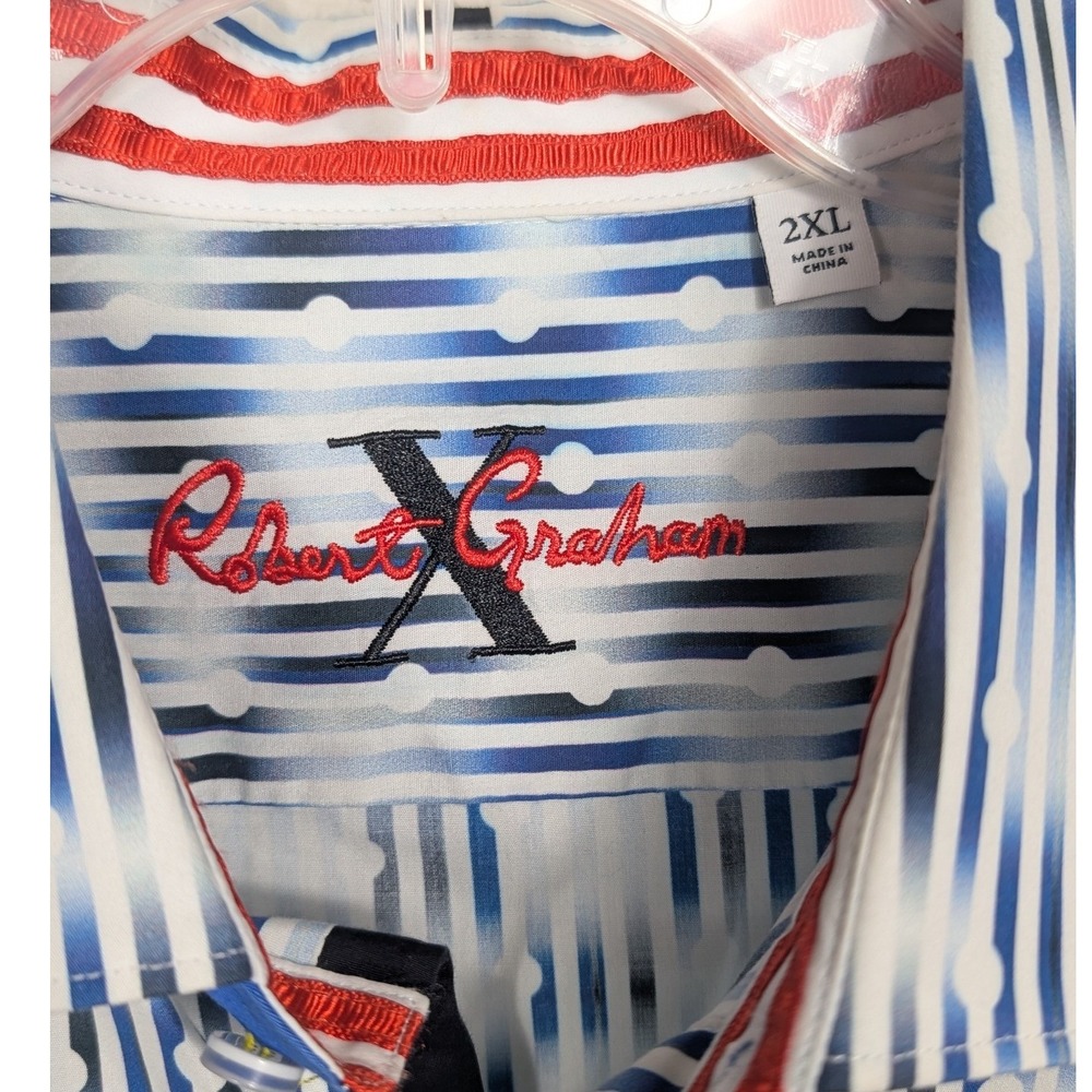 Robert Graham X Button Down‎ Shirt Men 2XL Blue Geometric Stripe Stretch - Picture 4 of 9